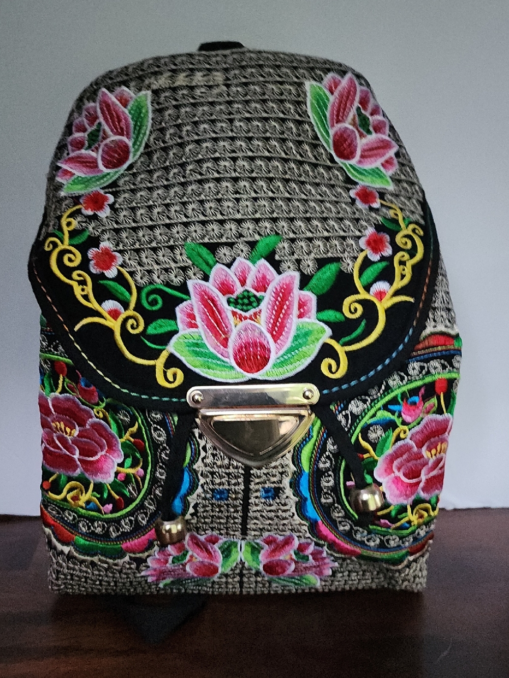Bohemian Embroidered Rose Backpack Black Trim Multicolored Boho Gold Clasp - Picture 4 of 4